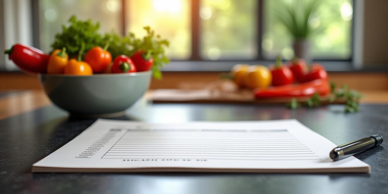 Organized modern kitchen with fresh ingredients and a meal planning notepad
