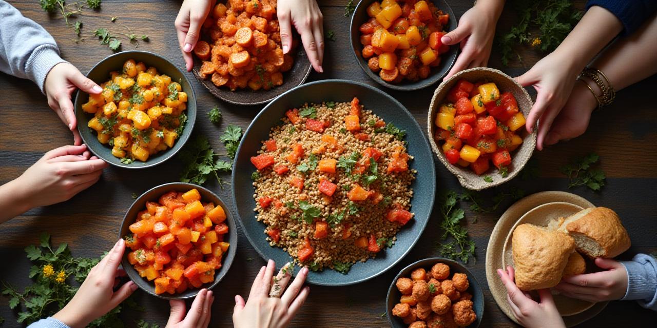 Healthy family dinner scene with roasted vegetables