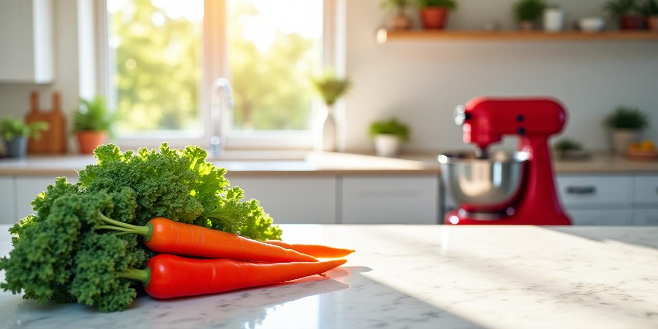 Brightly lit modern family kitchen with fresh vegetables on the counter