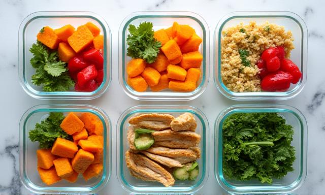 Overhead shot of organized meal prep containers with colorful vegetables