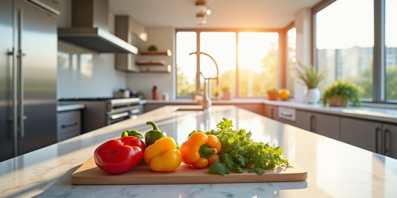 Modern professional kitchen with fresh vegetables and stainless steel cookware